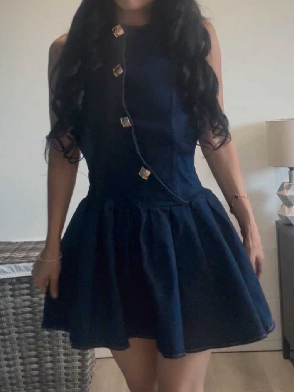 Navy Sleeveless Fit-and-Flare Mini Dress with Gold Accent Buttons
